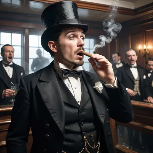 Prompt: Man in tailcoat with white bowtie and vest  and tophat smoking a cigar on the Titanic while it is sinking while people are screaming. Water flooding into the room calms and collected while others are screaming around him. Gloomy lightning. Moonless night