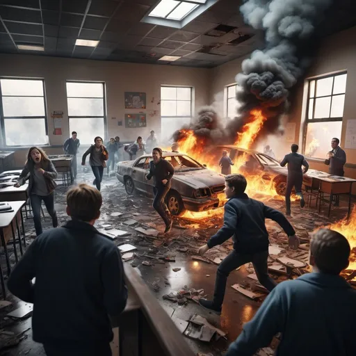 Prompt: Drone crashing, classroom on fire, people running in panic, intense chaos, high quality, realistic, dramatic lighting, fiery tones, detailed wreckage, terrified expressions, urban setting, disaster, urgent evacuation, chaotic scene, flames, destruction, emergency response, realistic rendering, dynamic composition