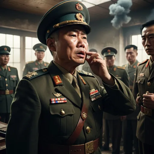 Prompt: Chinese general pressing nuclear button, tears on Chinese soldiers, bunker setting, explosion outside armored glass, military medals, intense gaze, historical war, highres, detailed, realistic, war movie style, emotional lighting, tense atmosphere
