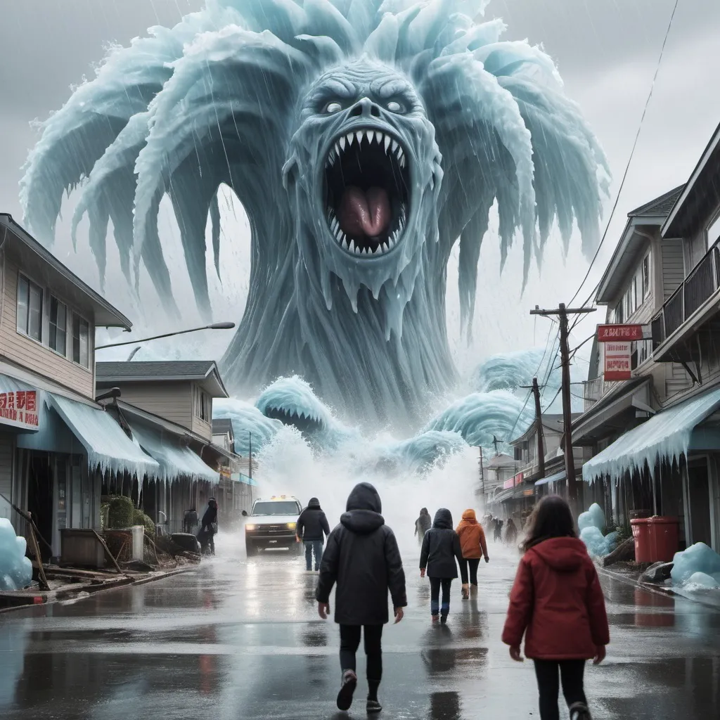 Prompt: city with people screaming and water raining down in a tsunami while ice monsters are invading with gas in the background