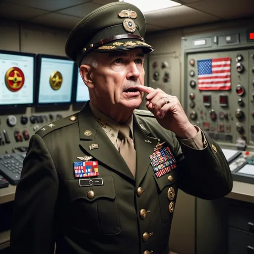 Prompt: Military general in a bunker pressing nuclear button, American flag background, medals, red alarms, panicking soldiers, 