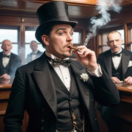 Prompt: Man in tailcoat with white bowtie and vest  and tophat smoking a cigar on the Titanic while it is sinking while people are screaming