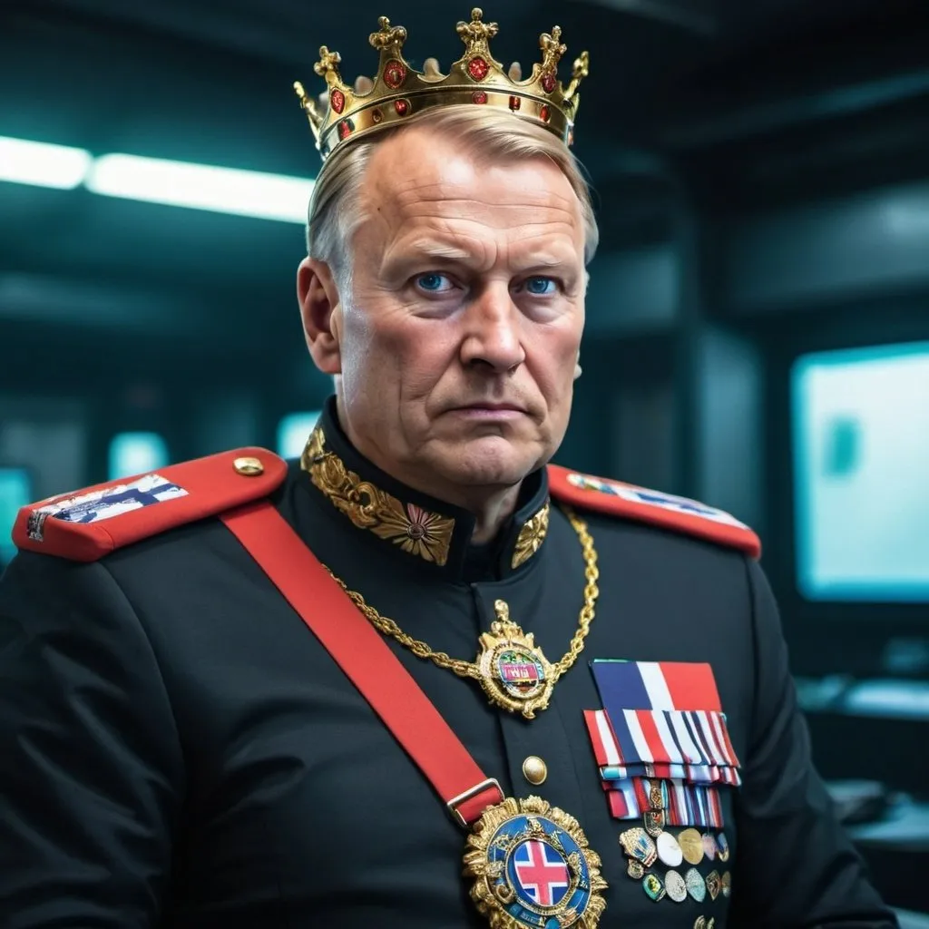 Prompt: The king of norway in cyberpunk