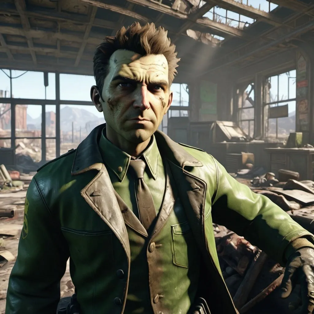 Prompt: Leaked Fallout 5 gameplay footage, post-apocalyptic wasteland, gritty and desolate atmosphere, radioactive mutants, ruined cityscape, detailed ruins and debris, high-quality, realistic, gritty realism, grim and gritty, intense and immersive, cinematic quality, detailed character models, intense lighting and shadows, radioactive green tones, immersive gaming experience