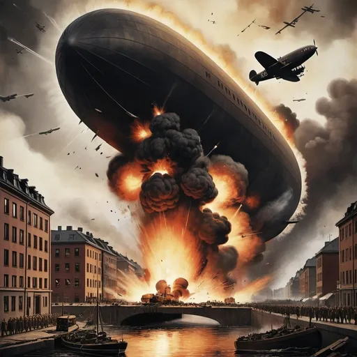 Prompt: Zeppelin bombing Oslo, vintage war poster, dramatic explosions, realistic illustration, high quality, detailed destruction, vintage war, dark tones, dramatic lighting, intense action, historical, realistic illustration, war propaganda, vintage style, explosive atmosphere