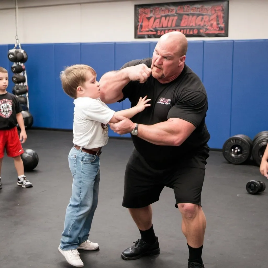 Prompt: Big randy snatching a child