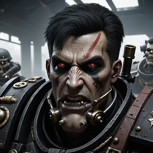 Prompt: Warhammer 40k: darktide 2 leaked gameplay, intense action-packed battle, gritty and detailed 3D rendering, futuristic sci-fi style, industrial metal textures, grim and dark atmosphere, high tech weaponry, chaotic battle scenes, high quality, ultra-detailed, 3D rendering, intense action, futuristic, sci-fi, industrial textures, gritty, dark atmosphere, chaotic battles, high-tech weaponry