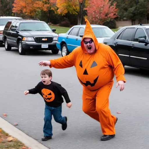 Prompt: Big randy chasing a child on halloween