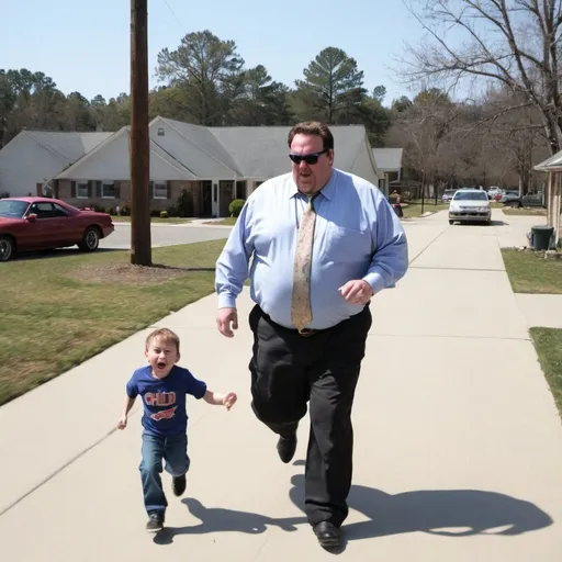 Prompt: Big randy chasing a child on