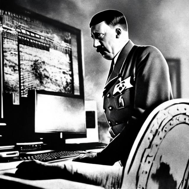 Prompt: Hitler playing fortine on a Computer on fire