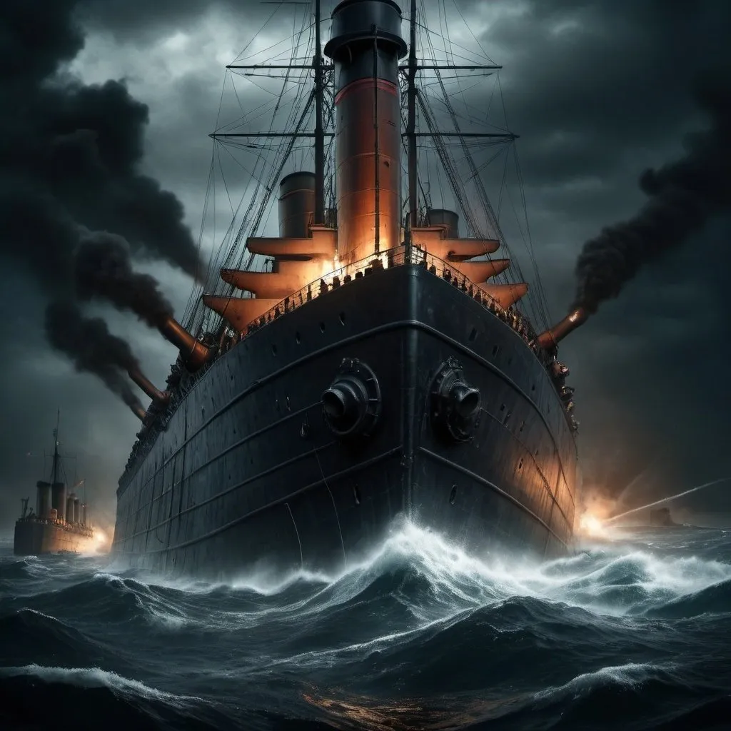 Prompt: Horrifying scene of the sinking Lusitania, chaotic screams, water filling the ship, ominous submarine in the background, dramatic lighting, high quality, realistic, historic, intense emotions, dark tones, detailed expressions, war