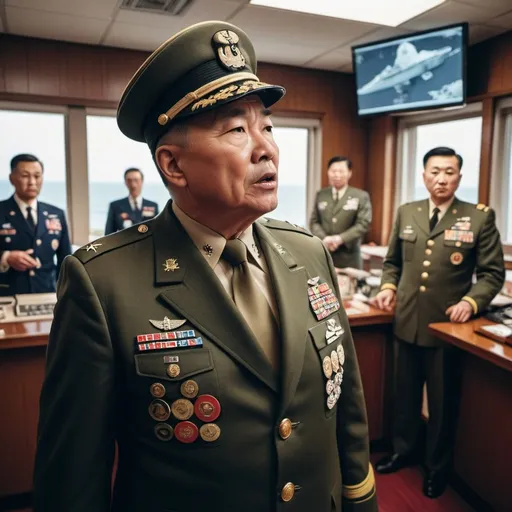 Prompt: Military General Pressing the button to send Nuclear missiles at China after they nuked the USS. American flag inn the background, General has many medals, Red alarms blaring, Soldiers and military officers panicking in the background