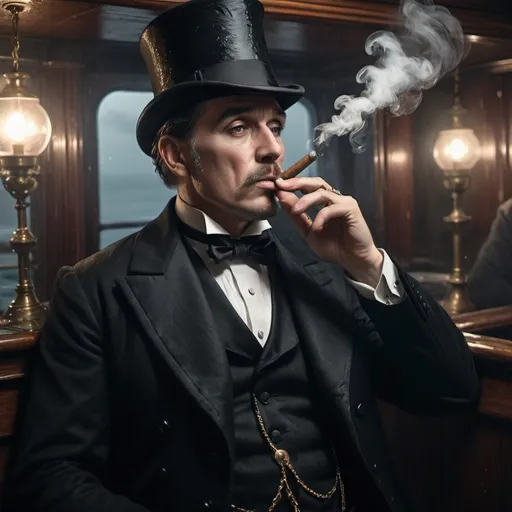 Prompt: Man in tailcoat and top hat smoking a cigar on the sinking Titanic, gloomy lighting, moonless night, people screaming, flooding water, calm and collected, detailed facial features, highres, realistic, historic, gloomy atmosphere, dramatic lighting