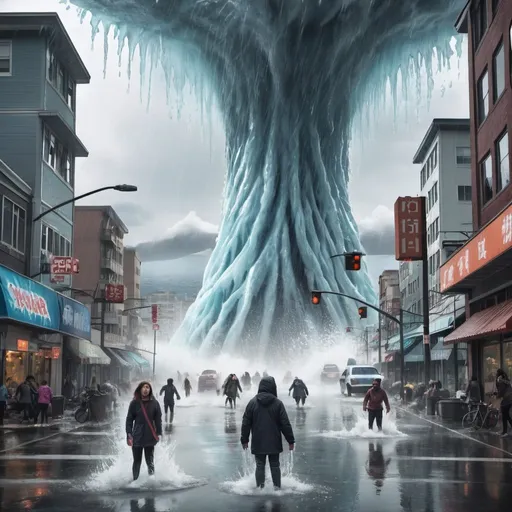 Prompt: city with people screaming and water raining down in a tsunami while ice monsters are invading with gas in the background