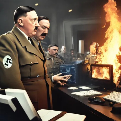 Prompt: Hitler playing fortine on a Computer on fire