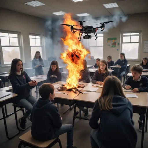 Prompt: Drone chrashing in a classroom with flame and destruction and people running away and sreaming