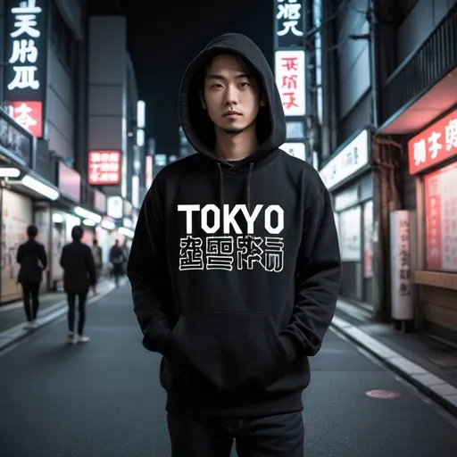 Prompt: a man standing outside in sidewalk in tokyo wearing a hoodie with this design:a black background with the word tokyo written in white ink on it's side and the word tokyo written in white ink on the bottom, Ai-Mitsu, international typographic style, synthwave style, poster art