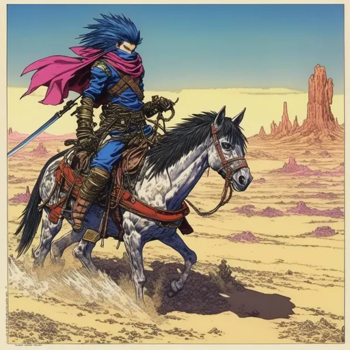 Prompt: <mymodel> desert samurai sonic the hedgehog on horseback