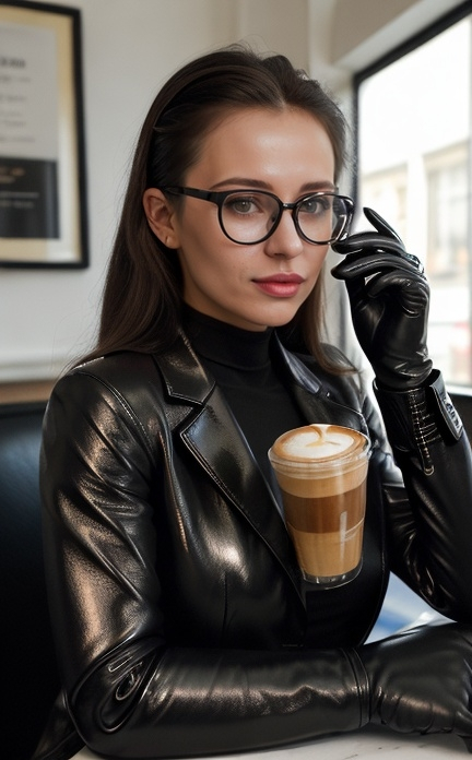 Prompt: Photograph of a plain looking geeky girl, (full lips)) , in a shiny creased crinkled black leather blazer,tight black leather gloves, thicker lenses on her glasses, drinking a coffee at a London coffee house 