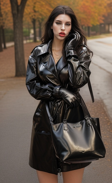 Prompt: A  bored girlfriend ( enormous jumbo large lips) in a creased shiny black leather trench coat, tight leather gloves, large hobo bag, waiting for you in the driveway in the fall, 