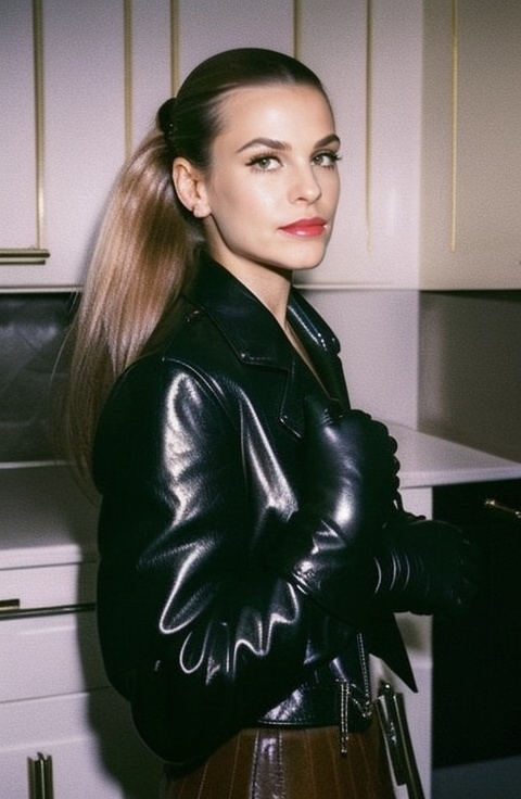 Prompt: Sweet housewife, full lips, tight long ponytail, creased shiny black leather blazer,black creased leather miniskirt, tight leather gloves, jumbo creased black leather hobo bag, waiting in her mansion’s kitchen for her husband