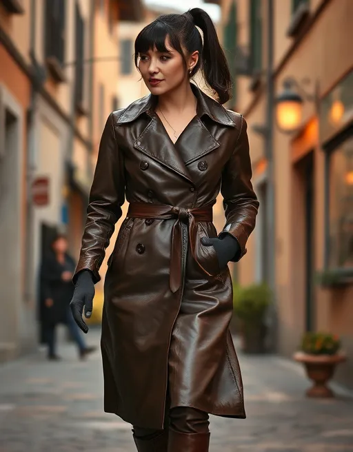 Prompt: High resolution 32k hyper realistic photograph of a 45 year old curvy woman with a ponytail with bangs, wearing a long draping leather trenchcoat with beautiful shiny patina with large lapels in tall leather boots ,with tight thin leather gloves encasing all fingertips, walking in an Italian village , full body shot, 8k, sharp focus, hyperrealism, 32k resolution , emitting diodes, beautiful, see the camera, Chiaroscuro , detailed octane render 8k, trending on artstation
