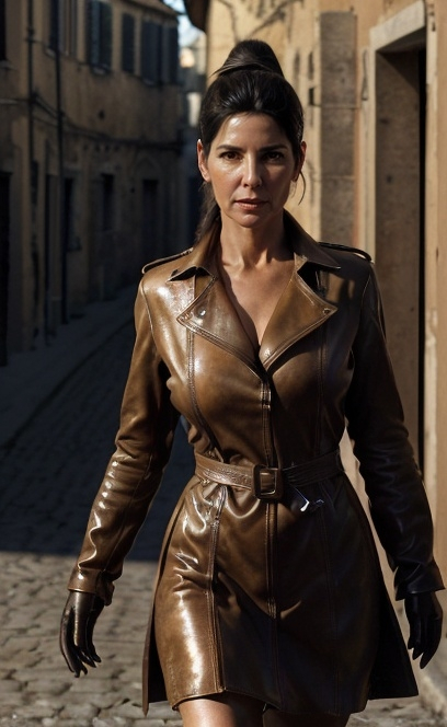 Prompt: High resolution 32k hyper realistic photograph of a 45 year old Patricia Velasquez with a ponytail with bangs, wearing a long draping leather trenchcoat with beautiful shiny patina with large lapels in tall leather boots ,with tight thin leather gloves encasing all fingertips, walking in an Italian village , full body shot, 8k, sharp focus, hyperrealism, 32k resolution , emitting diodes, beautiful, see the camera, Chiaroscuro , detailed octane render 8k, trending on artstation
