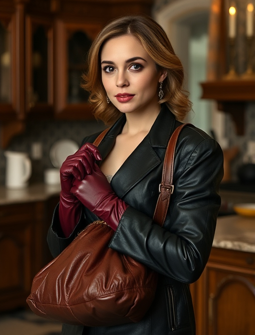 Prompt:  Photograph, sweet young mother , full lips, in a creased  black leather blazer, tight burgundy leather gloves, large wrinkled creased shiny  leather hobo bag, waiting in the kitchen of her mansion 