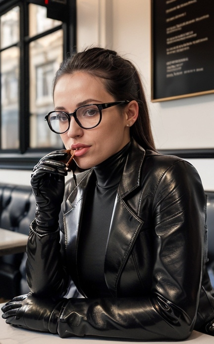 Prompt: Photograph of a plain looking geeky girl, (full lips)) , in a shiny creased crinkled black leather blazer,tight black leather gloves, thicker lenses on her glasses, drinking a coffee at a London coffee house 