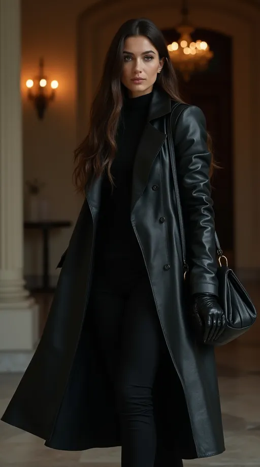 Prompt: Stout thick muscular woman wearing a tight long black leather trench coat, tight leather gloves, enormous creased black leather hobo bag, standing in her mansion 