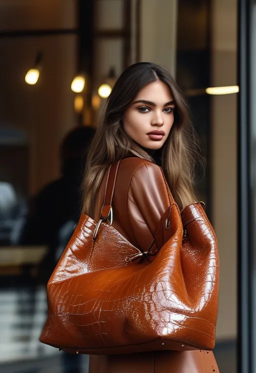 Prompt: A jumbo oversized, wrinkled, crinkled, shiny black leather, hobo bag hanging from the shoulder of a beautiful young woman, large, full lips, ((flat chest)), dressed and all brown leather suit standing outside her luxury SUV