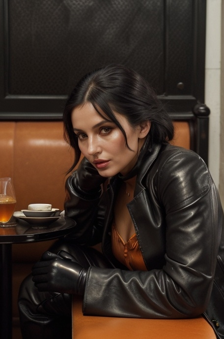 Prompt: Beautiful creased black leather blazer with a glossy patina on a  femme fatale, striking puffy lips, jacket reflecting orangish background light in its creases, tight black leather gloves, large creased soft black leather hobo bag at her side, waiting in a English tea house