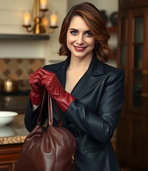 Prompt:  Photograph, sweet young mother , full lips, in a creased  black leather blazer, tight burgundy leather gloves, large wrinkled creased shiny  leather hobo bag, waiting in the kitchen of her mansion 