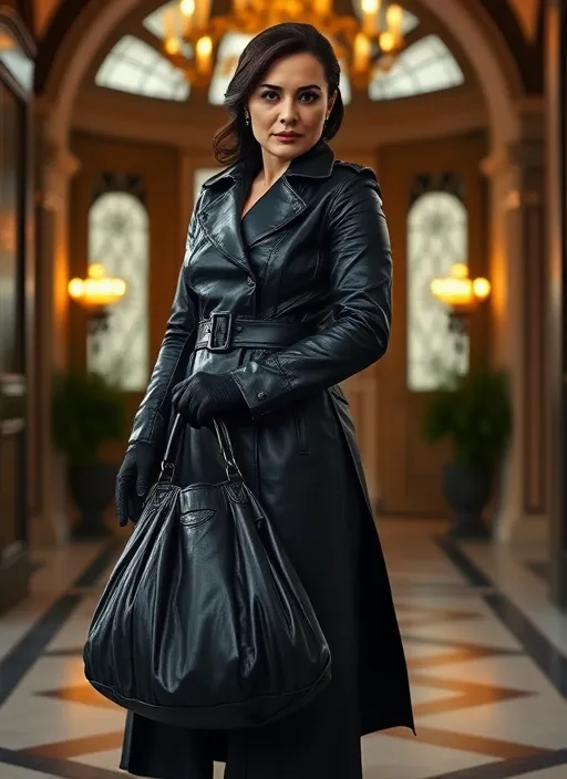 Prompt: Stout thick muscular woman wearing a tight long black leather trench coat, tight leather gloves, enormous creased black leather hobo bag, standing in her mansion 