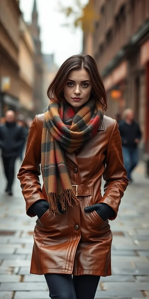 Prompt: Photograph, dark haired Irish housewife , petite boyish body, big brown eyes, in a creased shiny , heavily worn brown leather jacket with big ling plaid scarf, tight black leather gloves, walking through Edinburgh in the fall