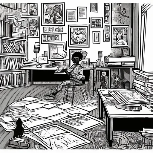 Prompt: An African writer is organising his room, a clock on the wall, a cat looking at him, a cartoon, black and white
