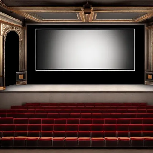 Prompt: Create a curved  20x55“ video wall with a blank screen on a large vintage theater stage straight on with a silhouette audience