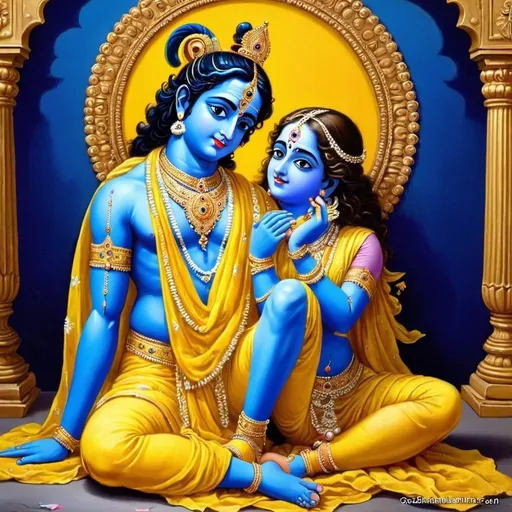 Prompt: Draw  god krishna  in sitting position while seeing radha picture in phone in his blue colour body and yellow colour cloths 