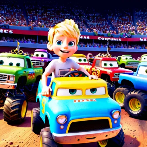 Prompt: An excited 8-year-old blonde boy named Frederick stands in a lively monster truck rally, with a smile on his face, surrounded by roaring engines and cheering crowds.