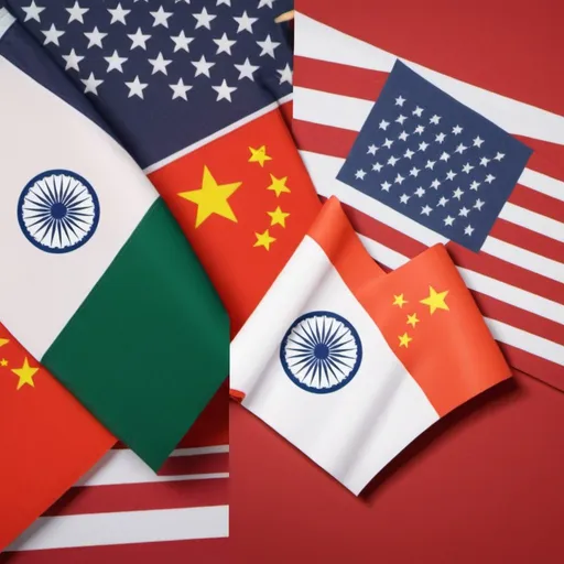 Prompt: a collage of indian american and chinese flag as a background of a presentation slide