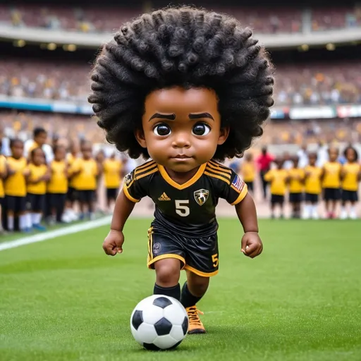 Prompt: Create a black super heroe soccer player who is 5 years old, his hair should be a curly Afro, he should be wearing a soccer jersey, sweat pants and soccer cleats, he should be kicking the ball, in a stadium with a background of fans, show excitement and determination in his face