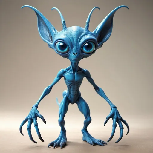 Prompt: a alien with blue color, four limbs, one short circle antennae,  two blue eyes, triangle head shape, torso