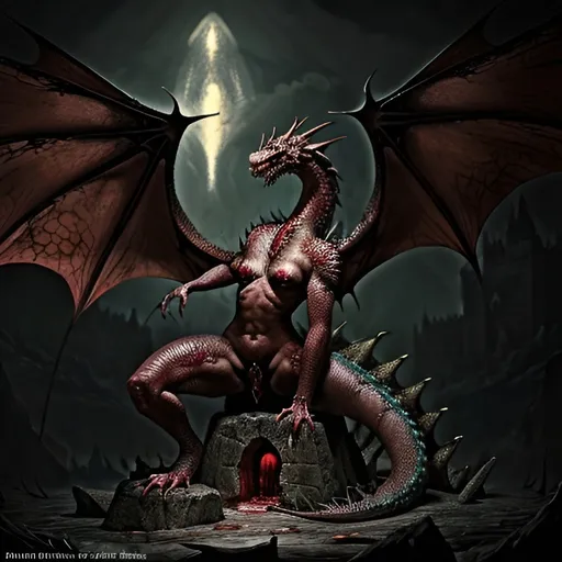 Prompt: Huge lady dragon pooping on king's head, dragon impaled with a sword, bloody and gory, epic fantasy illustration, dark and intense, high contrast lighting, detailed scales, vibrant colors, highres, ultra-detailed, fantasy, epic, intense lighting, gory, dragon, detailed scales, vibrant colors, epic fantasy