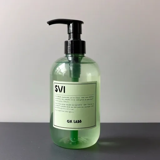 Prompt: A 500 ml transparent plastic liquid soap bottle. The soap inside is light minty green and there's a wrap around sticker on the bottle that leaves a small gap in between the start and end points. The sticker is off white and the writings on it are in a typewriter font, in black. It says gx lab somewhere along the middle and says liquid hand soap one the left side (written vertically) and says sivi el sabunu on the right side (vertically) there are some logos that say eco friendly, dermatologically tested, bph free etc and overall is a simple but elegant looking packaging