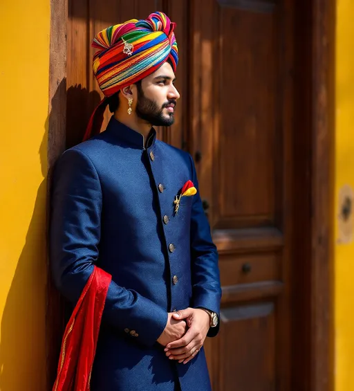 Prompt: Draped in a striking traditional ensemble, a young man stands poised beside a rustic wooden door, embodying a blend of elegance and cultural pride. His attire features a dark blue jacket that contrasts beautifully with the vibrant, multi-colored turban adorned atop his head, exuding a festive spirit. The warm yellow walls of the surrounding structure enhance the scene, illuminated by bright daylight that casts soft shadows on the ground. With hands clasped gently before him, he gazes thoughtfully towards the entrance, capturing a moment rich in tradition and anticipation. The whole composition radiates a sense of heritage and celebration, inviting viewers to imagine the cultural significance of his attire and the stories hidden behind the door.