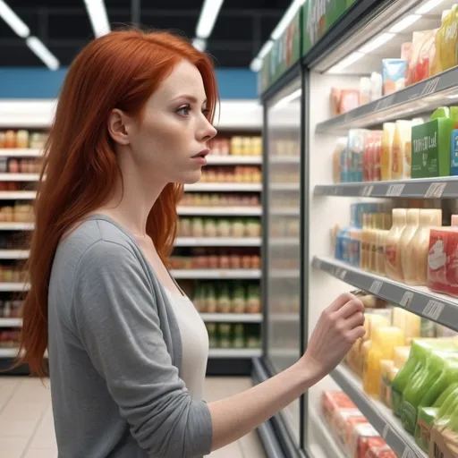 Prompt: A woman with red hair on her tiptoe that try to take a product from a top shelf in a supermarket, the supermarket has windows which show outside a space landscape, photorealistic, detailed facial expression, enchanting surroundings, intense gaze, HD