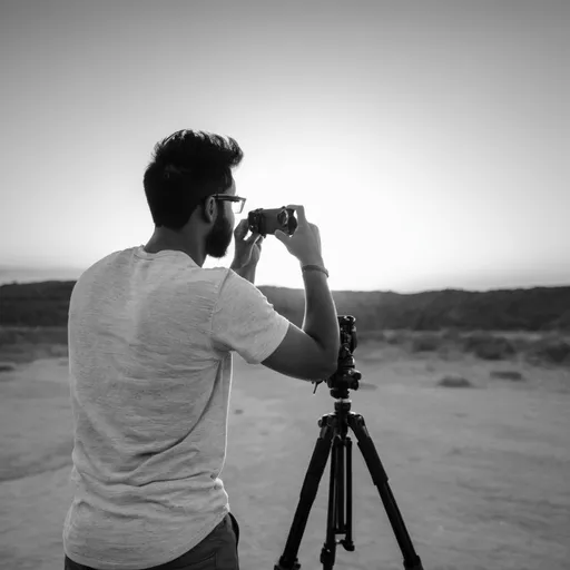 Prompt: the back of a young, fit, brown man wearing glasses, aiming his camera at the sunset. he should be standing far away in the frame. black and white, bearded