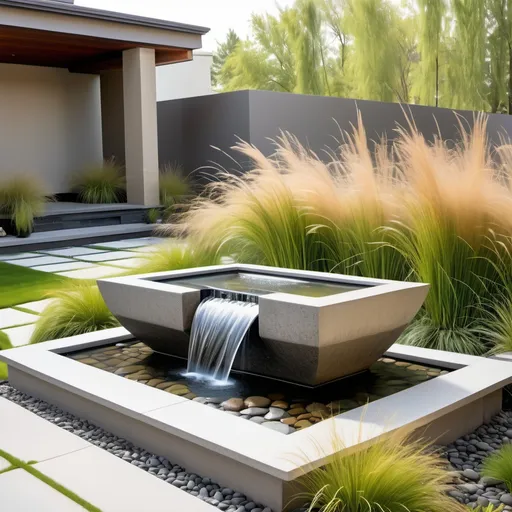 Prompt: a contemporary bubbler water feature with water bubbling upwards from rocks with no pool, surrounded by architectural grasses of different sorts on all sides