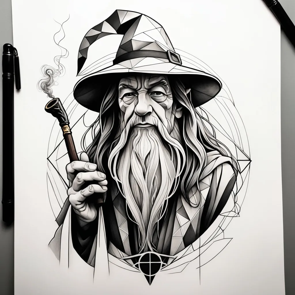 Prompt: a drawing of a Gandalf, inspired in The lord of the rings movie triology with a hat and a smoking pipe in his hand, fantasy art, ink, a tattoo in black work and geometric style