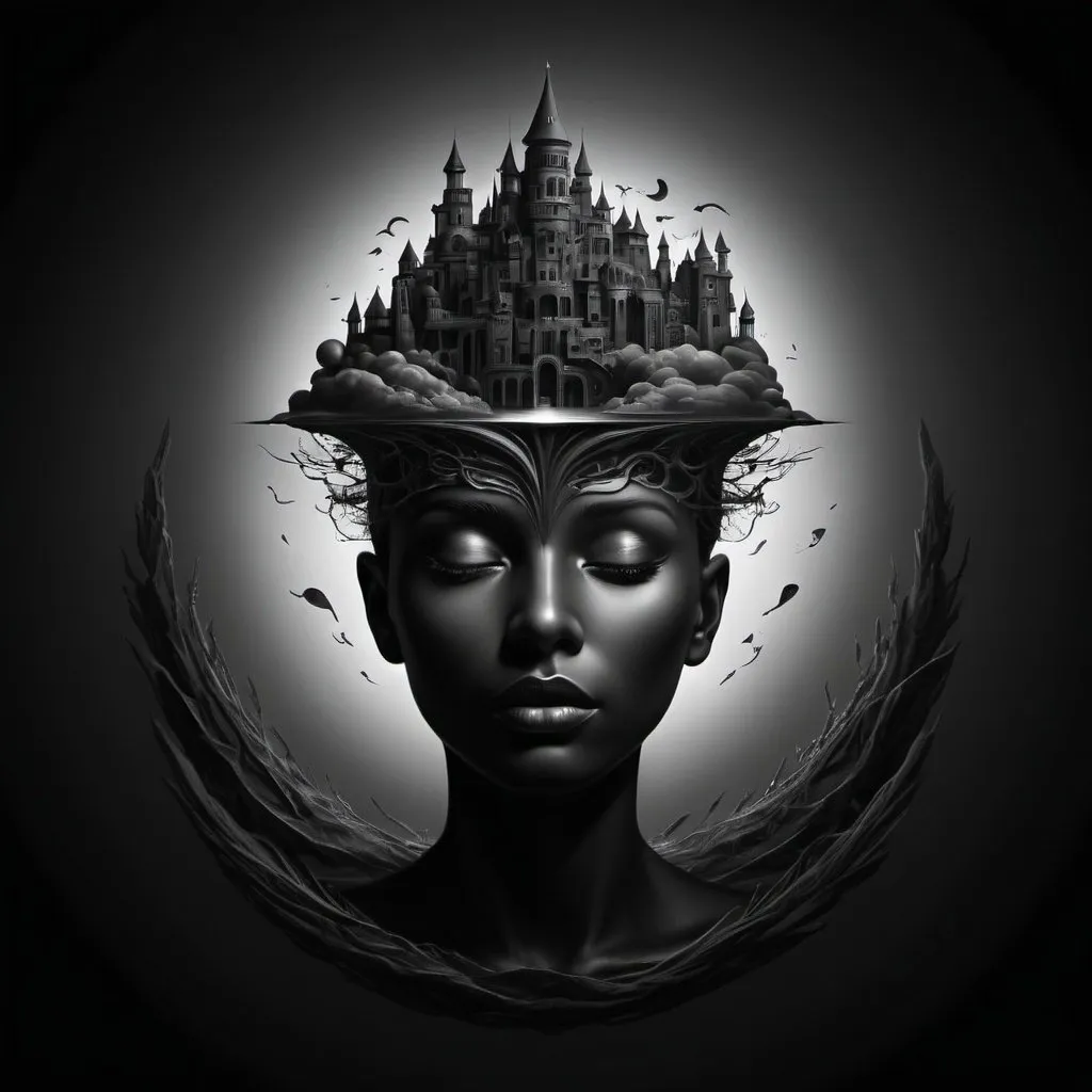 Prompt: Black,  high resolution, surrealism, what is a dream, logo design